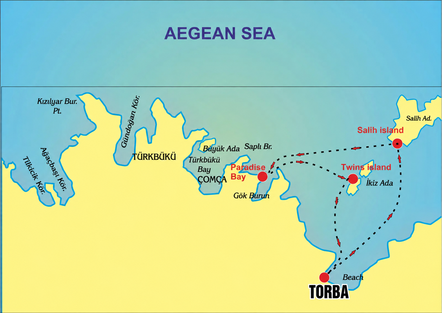 Torba Bodrum yacht charter route map showing Paradise Bay, Twins Island and Salih Island